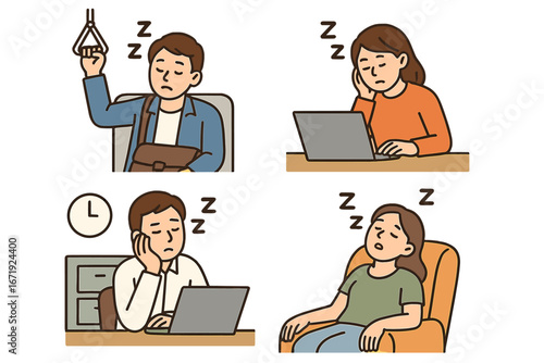 People Experiencing Drowsiness and Sleepiness in Various Situations Including Commuting, Working on Laptop, and Relaxing in Chair, Vector Cartoon Illustration, Transparent Background, Ordered Set 2