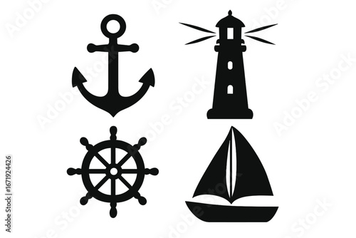 Nautical silhouette icon set with anchor, lighthouse, ship wheel, and sailboat marine symbols vector collection, black silhouettes, transparent background, marine navigation and sea travel icons