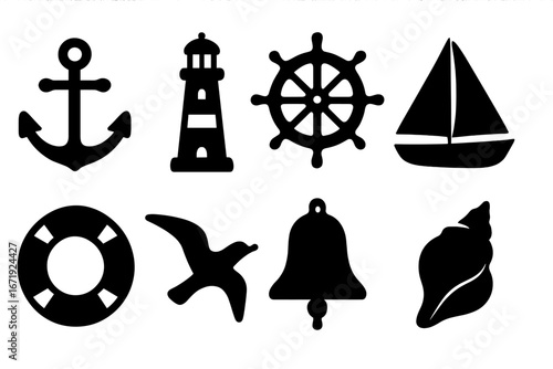 Nautical silhouette icon set with anchor, lighthouse, ship wheel, sailboat, life buoy, seagull, bell, and seashell marine symbols collection, vector cartoon illustration