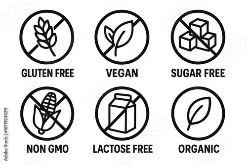 Product Nutrition Icons Set Including Gluten Free, Vegan, Sugar Free, Non-GMO, Lactose Free, and Organic Labels, Allergy and Dietary Symbols, Vector Cartoon Illustration
