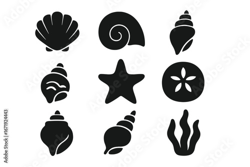 Seashell and marine life silhouette icon set. Vector collection of aquatic and ocean symbols like shell, starfish, sand dollar, and seaweed. Beach and underwater concept.