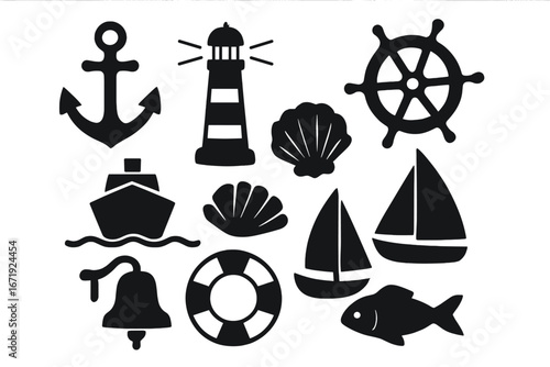Nautical silhouette icon set with anchor lighthouse ship wheel marine symbols shell fish boat bell life preserver vector collection transparent background cartoon illustration
