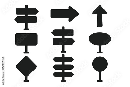 Navigation and Road Sign Silhouette Icon Set, Wayfinding and Direction Symbols Collection, Vector Cartoon Illustration with Transparent Background, Ordered Set 1