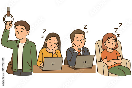 People Experiencing Drowsiness and Sleepiness in Various Situations Including Commuting, Working at Laptops, and Relaxing in Chair, Vector Cartoon Illustration with Transparent Background