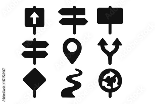 Navigation and Road Sign Silhouette Icon Set, Wayfinding and Direction Symbols Collection, Vector Cartoon Style with Transparent Background, Ordered Signposts and Location Markers
