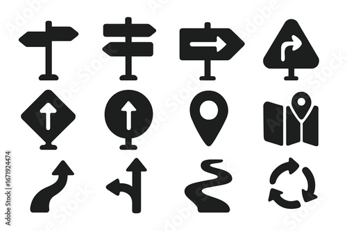 Navigation and road sign silhouette icon set, wayfinding and direction symbols collection, vector cartoon illustration with transparent background, ordered set for map and travel design