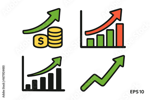 Profit growth icons with green and red arrows, isolated vector symbols of increasing progress bars, upward chart, business success and financial growth indicators