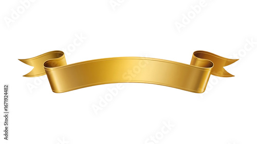 Elegant golden ribbon banner with curved shape and flowing ends isolated on transparent background for design and decoration