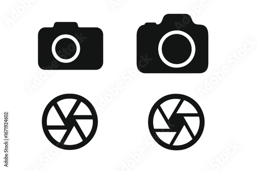 Photography camera silhouette icon set with shutter and aperture symbols in bold silhouette style, vector cartoon illustration isolated on transparent background, ordered set of 4 icons