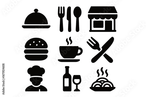 Restaurant and cafe silhouette icons set, solid filled dining and food symbols, chef, utensils, coffee, wine, burger, spaghetti, storefront vector cartoon illustration transparent background
