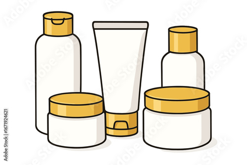 White cosmetic containers with gold lids, skincare bottles and jars set, minimalist style vector cartoon illustration, beauty product packaging, transparent background