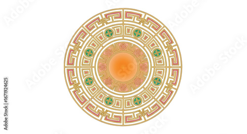 Ornate, circular design with intricate gold, peach, and green patterns.
