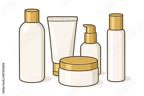 Collection of elegant white cosmetic containers with gold lids on plain background, minimalist style, vector cartoon illustration, skincare packaging set with jars, bottles, tubes