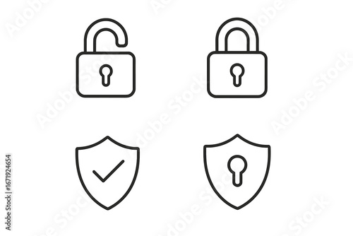 Security lock icon set with protection and privacy symbols in outline style, vector cartoon illustration with transparent background, secure shield and padlock designs