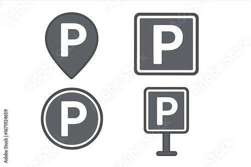 Parking icon set, vector isolated parking signs, map parking pointers, parking place symbols, cartoon illustration with transparent background, transportation and location markers