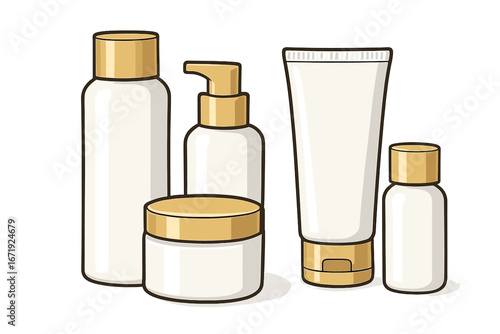 Minimalist white cosmetic containers with gold lids set, elegant skincare and beauty product vector illustration, clean packaging design, spa and wellness concept