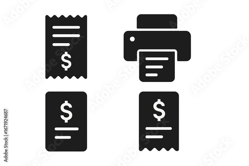 Receipt and Printer Solid Icon Set, Essential Transaction and Payment Symbols in Bold Style, Vector Cartoon Illustration Collection with Transparent Background, Set of 4