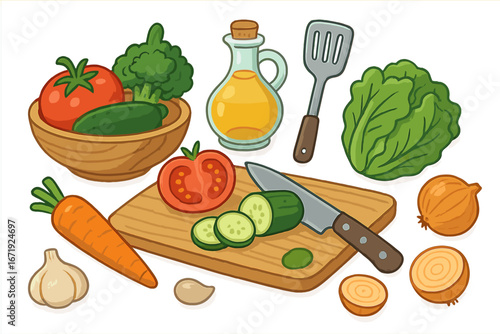 Preparing a healthy meal with fresh vegetables, cutting board, kitchen tools, olive oil, tomato, cucumber, carrot, garlic, onion, and lettuce – vibrant vector cartoon illustration