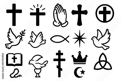 Religious symbols collection with crosses, doves, praying hands, fish, crown, Bible, rosary, and spiritual icons in simple black and white vector cartoon style illustration