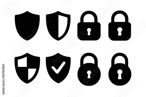 Security and Protection Silhouette Icon Set with Shield and Lock Symbols, Vector Cartoon Illustration, Transparent Background, Ordered Collection of Safety Icons