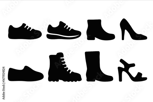 Shoe silhouette icon set. Footwear collection with various shoes like sneakers, boots, high heels and sandals. Vector graphic design elements. Black isolated fashion symbols.