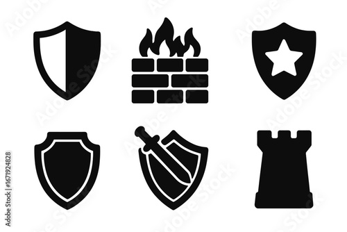 Security and protection icon set, shield, firewall, defense silhouette icons collection, vector cartoon illustration, cybersecurity symbols, safe guard toolkit