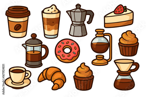 Stylized coffee and dessert icons arranged in a playful pattern showcasing various coffee brewing methods, sweet treats, and baked goods. Vector cartoon illustration.