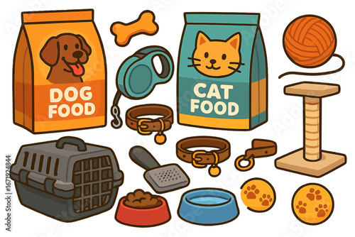 Colorful pet supplies for cats and dogs, including food bags, collars, leashes, toys, bowls, carriers, and grooming tools. Cartoon style vector illustration with transparent background.