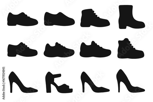 Shoe silhouette icon set. Footwear collection with sneakers, boots, high heels. Men's and women's shoes. Vector illustration for fashion design. Black isolated graphic elements.