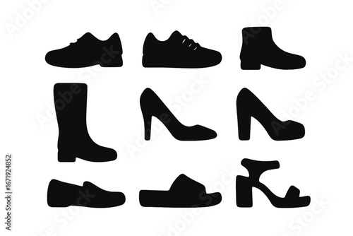 Shoe silhouette icon set. Vector collection of men and women footwear graphics. Fashion sneakers, boots, heels, sandals, loafers. Apparel and accessories design element.