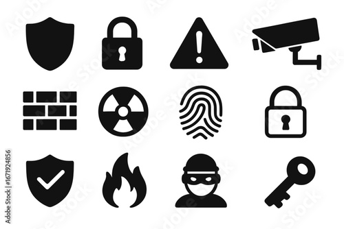 Security and Safety Solid Icon Set with Silhouette and Outline Protection Symbols, Vector Cartoon Illustration, Transparent Background, Ordered Set of Security Elements
