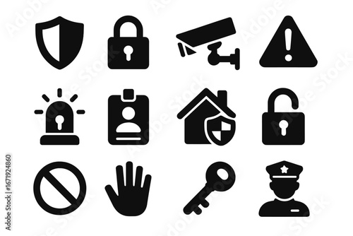 Security and Safety Solid Icon Set, Silhouette and Outline Protection Symbols, Vector Cartoon Illustration, Security Camera, Lock, Shield, Police, Alert, Access Control