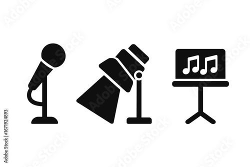 Singing performance solid glyph icon set. Stage microphone, spotlight, music stand icons. Live music concert, karaoke, vocalist, show, and audio recording vector pictograms.