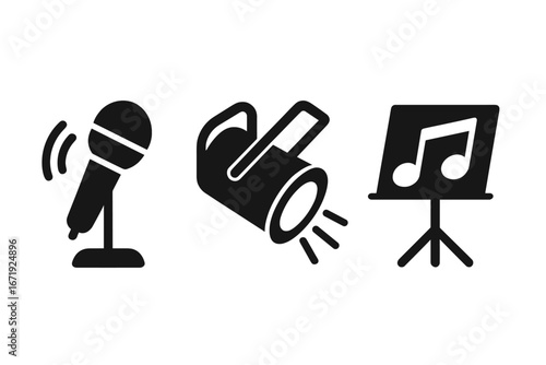 Singing performance solid icon set. Vector glyph symbols of stage elements: microphone, spotlight, and music stand. Concept for concert, karaoke, or live show entertainment.