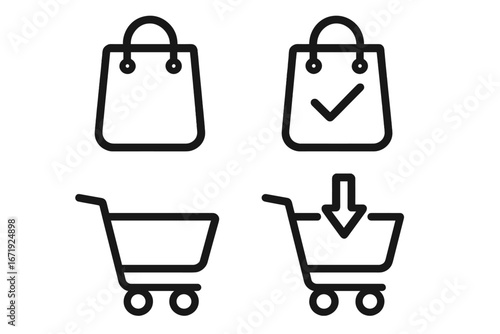 Shopping bag and cart vector icons set with purchase and order symbols, shopper package icon collection, transparent background, cartoon style design for e-commerce and retail use