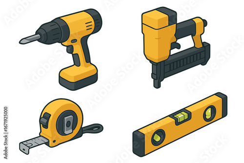Isometric Siding Tools Icon Set with Power Drill, Nail Gun, Measuring Tape, and Level - Flat Vector Cartoon Illustration for Construction and Home Improvement