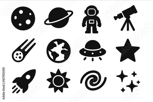 Space solid icons set. Glyph collection of astronomy symbols. Galaxy, planet, rocket, astronaut, UFO, star, earth, sun, telescope. Celestial vector cartoon illustration.