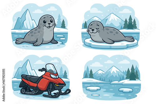 Seal illustrations with snowmobile in snowy winter landscape featuring ice, mountains, pine trees, and nature elements. Cute cartoon vector art with transparent background for design