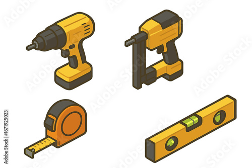 Isometric vector cartoon illustration of siding installation tools set including power drill, siding nail gun, measuring tape, level, professional construction equipment icons