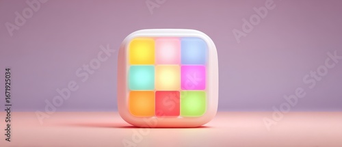 Abstract 3D MIDI Pad Controller with Glowing Rainbow Grid on Peach Surface, Soft Pastel Background, Dreamy Feel, Minimalist Render (4x3)