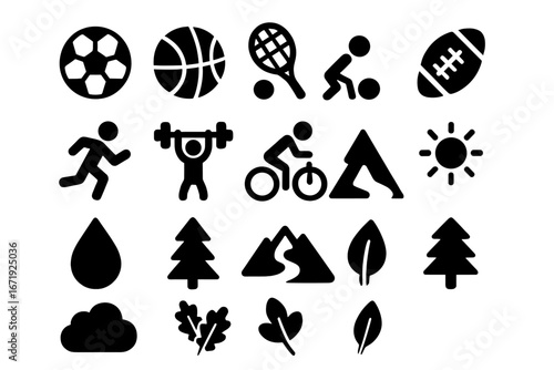 Sports and nature solid glyph icon set. Outdoor activity and fitness symbols. Vector silhouette collection for web and mobile. Soccer, basketball, cycling, running, hiking icons.