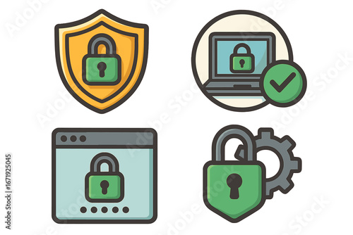 Security Icons Representing Data Protection, Online Safety, Cybersecurity Measures, Locked Devices, Password Security, and System Protection in Vector Cartoon Illustration Set