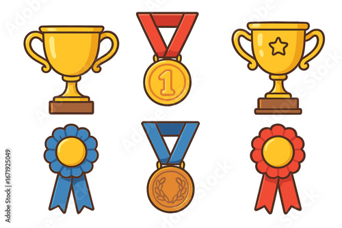 Symbols of achievement including trophies, gold and bronze medals, blue and red award ribbons representing success, victory, and excellence in various competitions, vector cartoon illustration