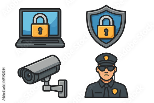 Security icons representing comprehensive safety measures including online protection, physical security, surveillance camera, and security guard in various environments, cartoon vector illustration