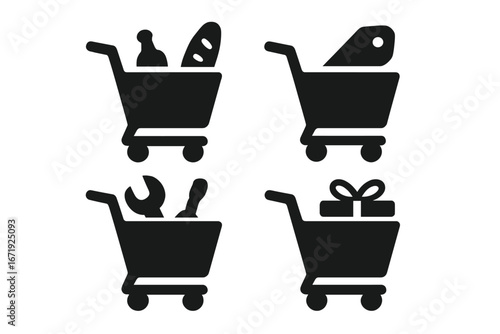 Shopping Cart Icon Set, Solid Style, Retail and Groceries, Tools, Gift Box, Price Tag Symbol, Vector Cartoon Illustration with Transparent Background, 4 Icon Collection