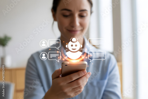 Woman interacting with ai chatbot avatar on smartphone screen in softly lit realistic image