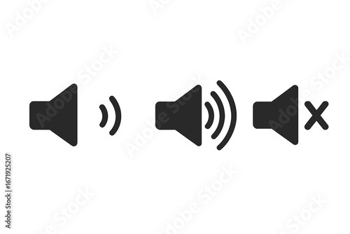 Sound volume icon set with isolated black audio symbols, speaker volume control, media sound and music icons, vector cartoon illustration, audio voice symbol collection