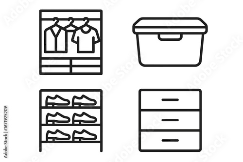 Storage solutions icon set. Home organization and furniture symbols. Closet, wardrobe, storage bin, shoe rack, chest of drawers. Outline vector line art for decluttering.