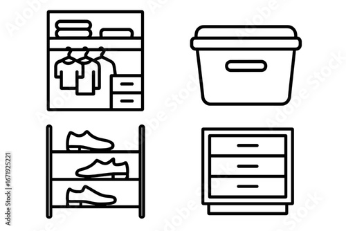 Storage solutions outline icon set. Vector icons for home organization and decluttering. Includes closet, wardrobe, shelves, storage bin, shoe rack, and drawers illustration.