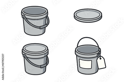 Isometric Flat Vector Icons of Storage and Utility Buckets with Handles, Lids, Label Tags, Stackable Containers, Cartoon Style Illustration for Industrial and Household Use